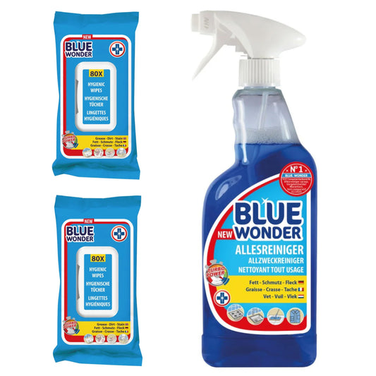 BLUE WONDER tīrīšanas komplekts: Mitrās salvetes x2 iep. + Universāls tīrītājs SPREJS