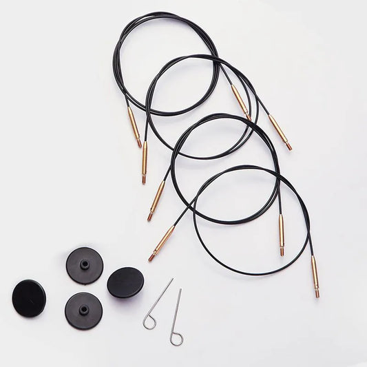 Fixed stainless steel nylon coated knitting needle cord / BLACK with gold connectors / KnitPro